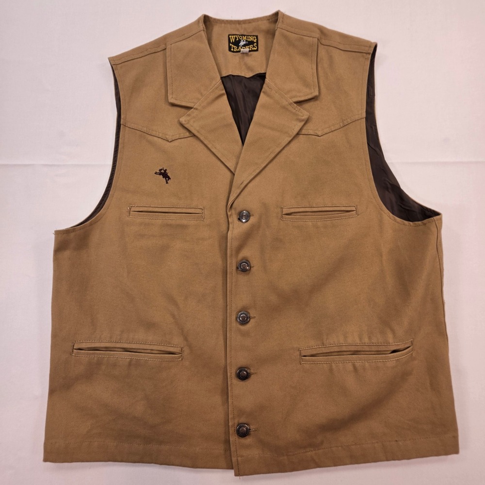 Wyoming Traders Mens Tan Canvas Western Vest Bucking Bronco Embroidered XL
